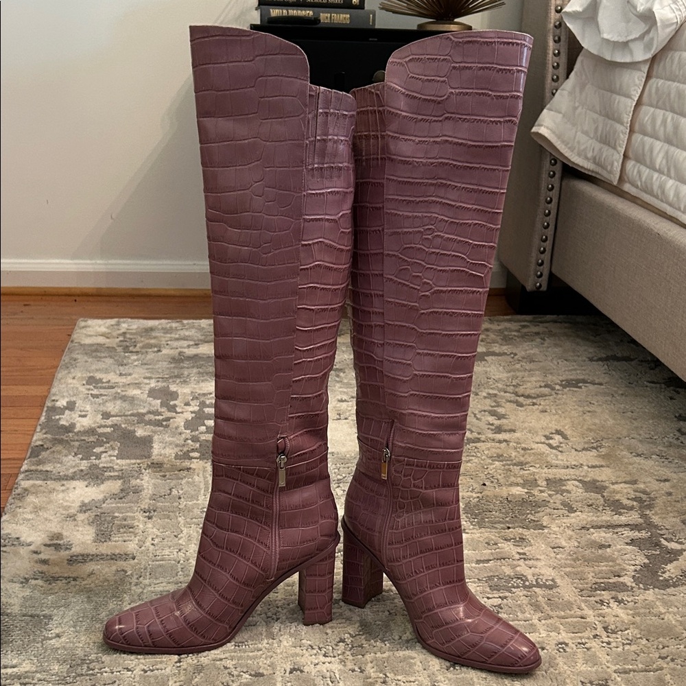 Marc Fisher Croc-Embossed Over the Knee Boots in Mauve